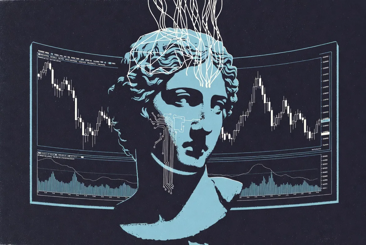 Editorial blue duotone illustration of a classical bust with circuit patterns on its face and neural filaments emerging from the skull, in front of screens displaying trading candlestick charts