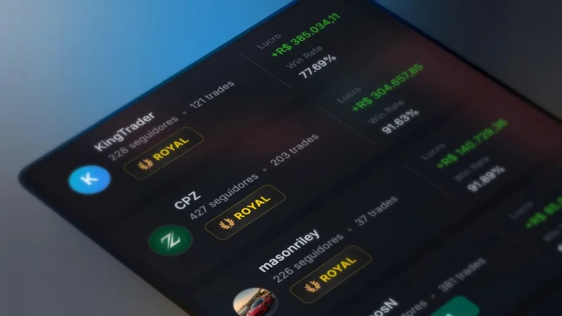 Interface de Copy Trading da Futura Broker mostrando ranking de traders e estatísticas