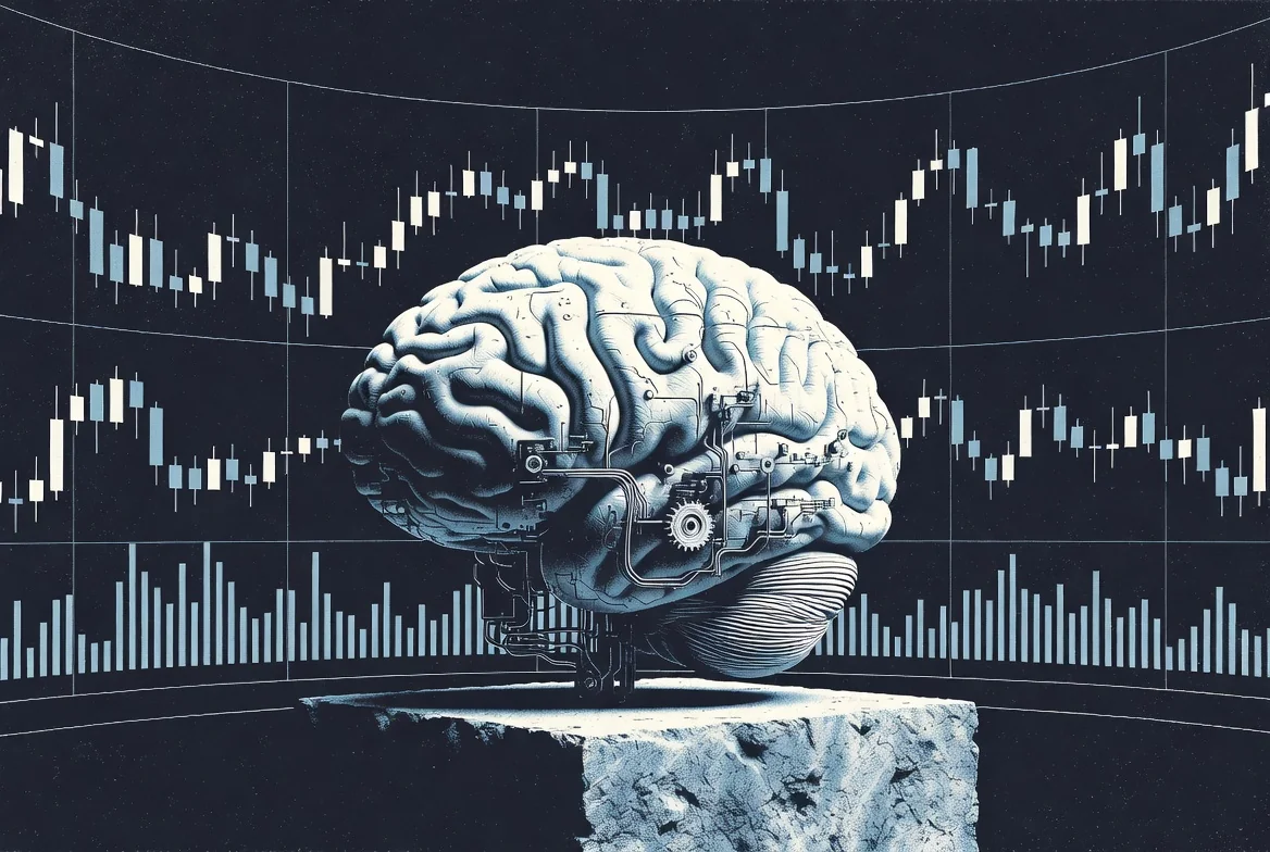 Cérebro mecânico em pedestal com gráficos de candles e barras de volume ao fundo, ilustrando inteligência artificial gerando indicadores de trading
