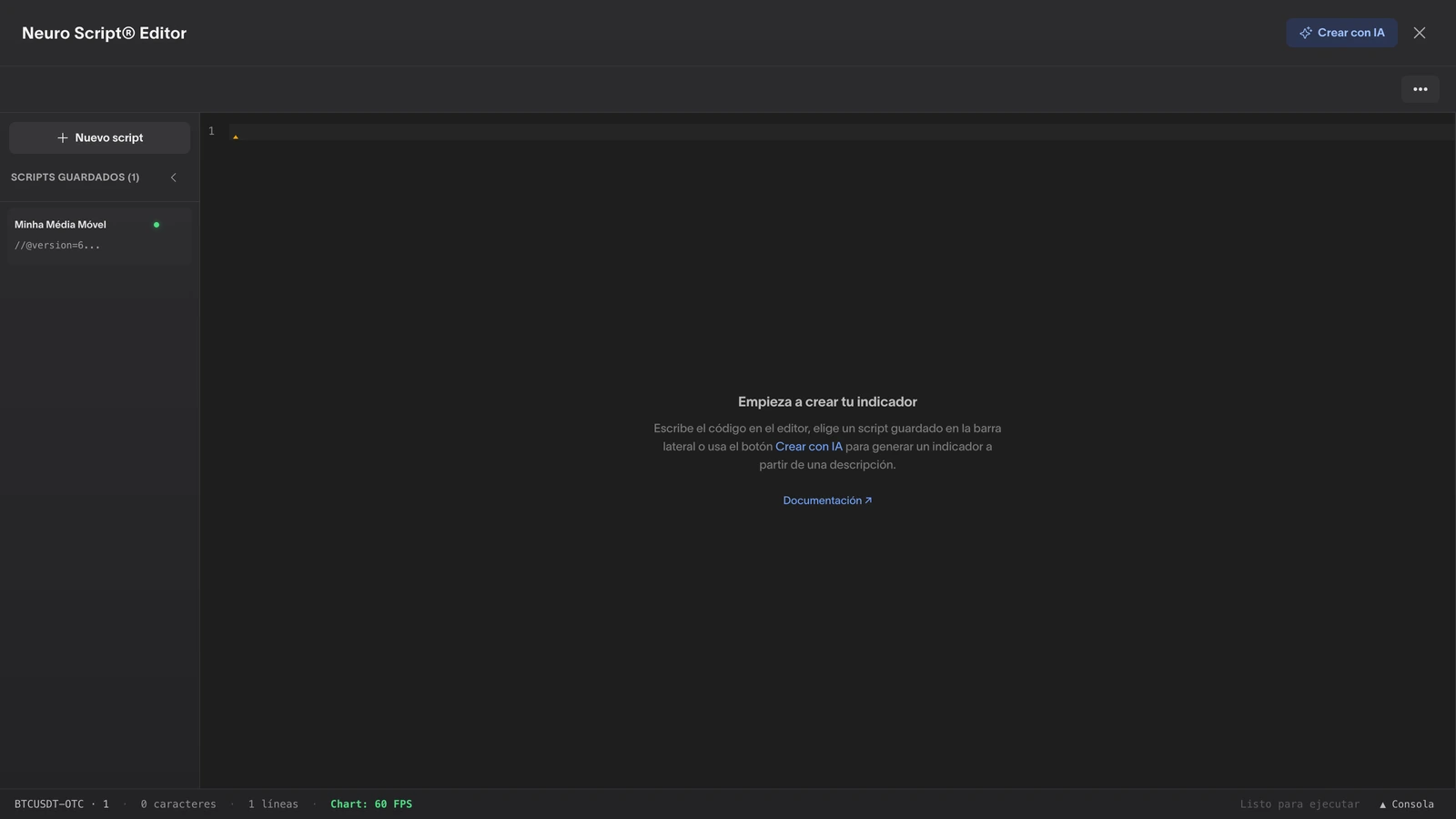 Editor NeuroScript recién abierto, con barra de herramientas, sidebar de scripts guardados, área de código vacía y barra de estado