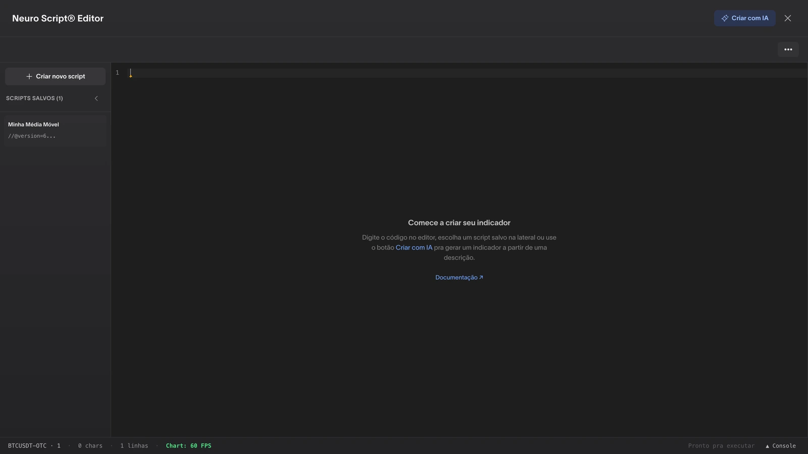 Editor NeuroScript recém-aberto, com toolbar, sidebar de scripts salvos, área de código vazia e barra de status