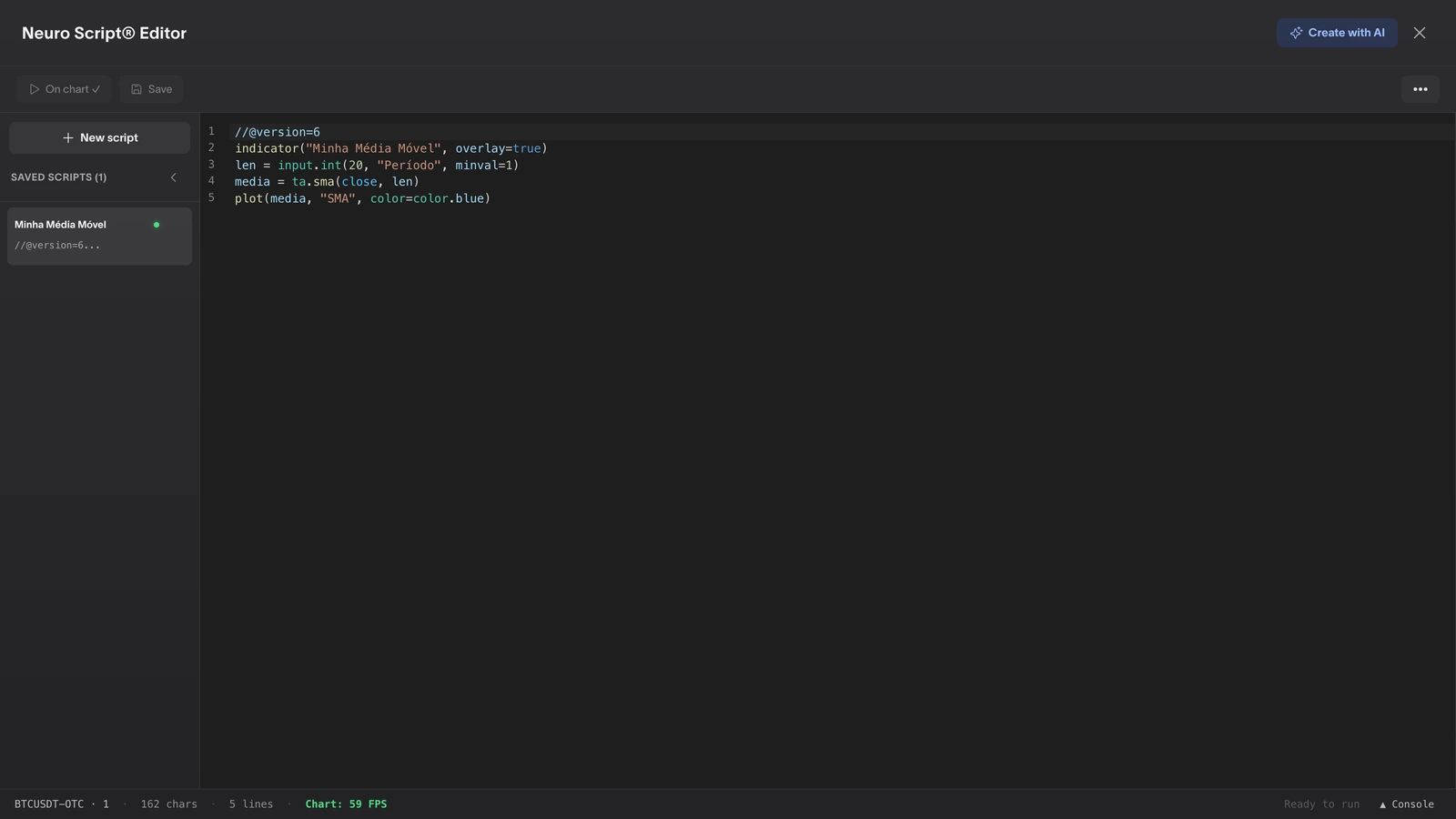 NeuroScript editor with the 5 syntax-highlighted lines of the moving average indicator