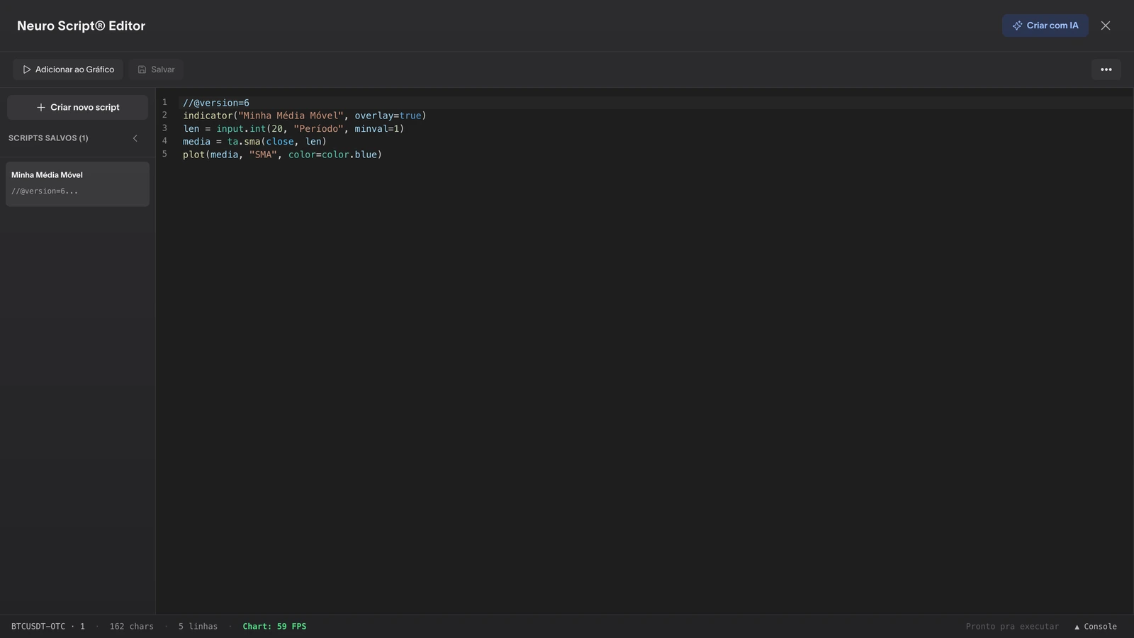 Editor NeuroScript com as 5 linhas do indicador de média móvel realçadas com cores de sintaxe