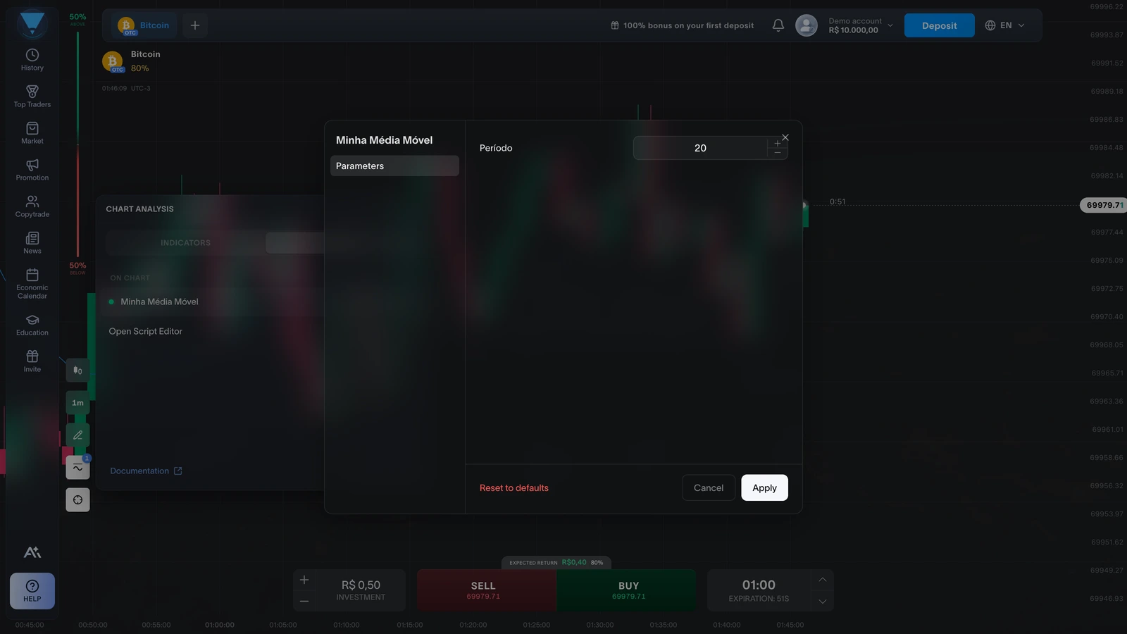 Script settings modal with the Período field and the Restore default, Cancel and Apply buttons