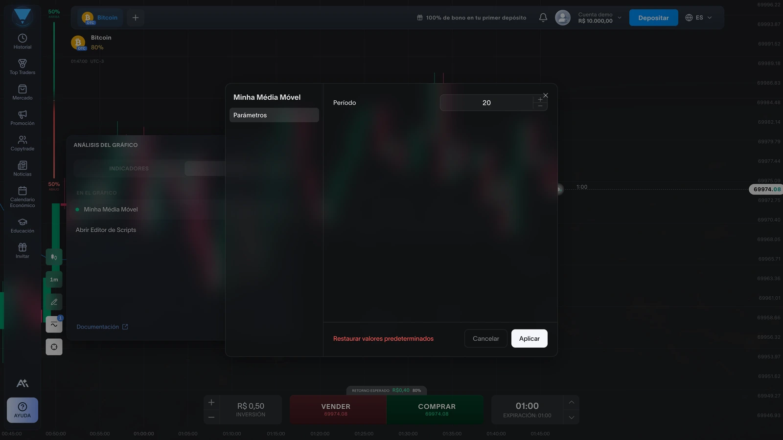Modal de configuraciones del script con el campo Período y los botones de restaurar valores predeterminados, cancelar y aplicar