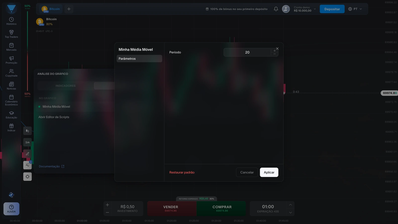 Modal de configurações do script com o campo Período e os botões Restaurar padrão, Cancelar e Aplicar