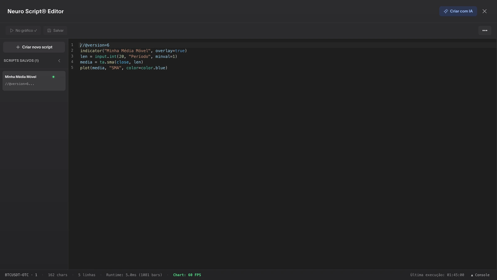 Sidebar do editor com o script salvo na lista, o ponto verde indicando que está no gráfico e o botão Salvar em destaque
