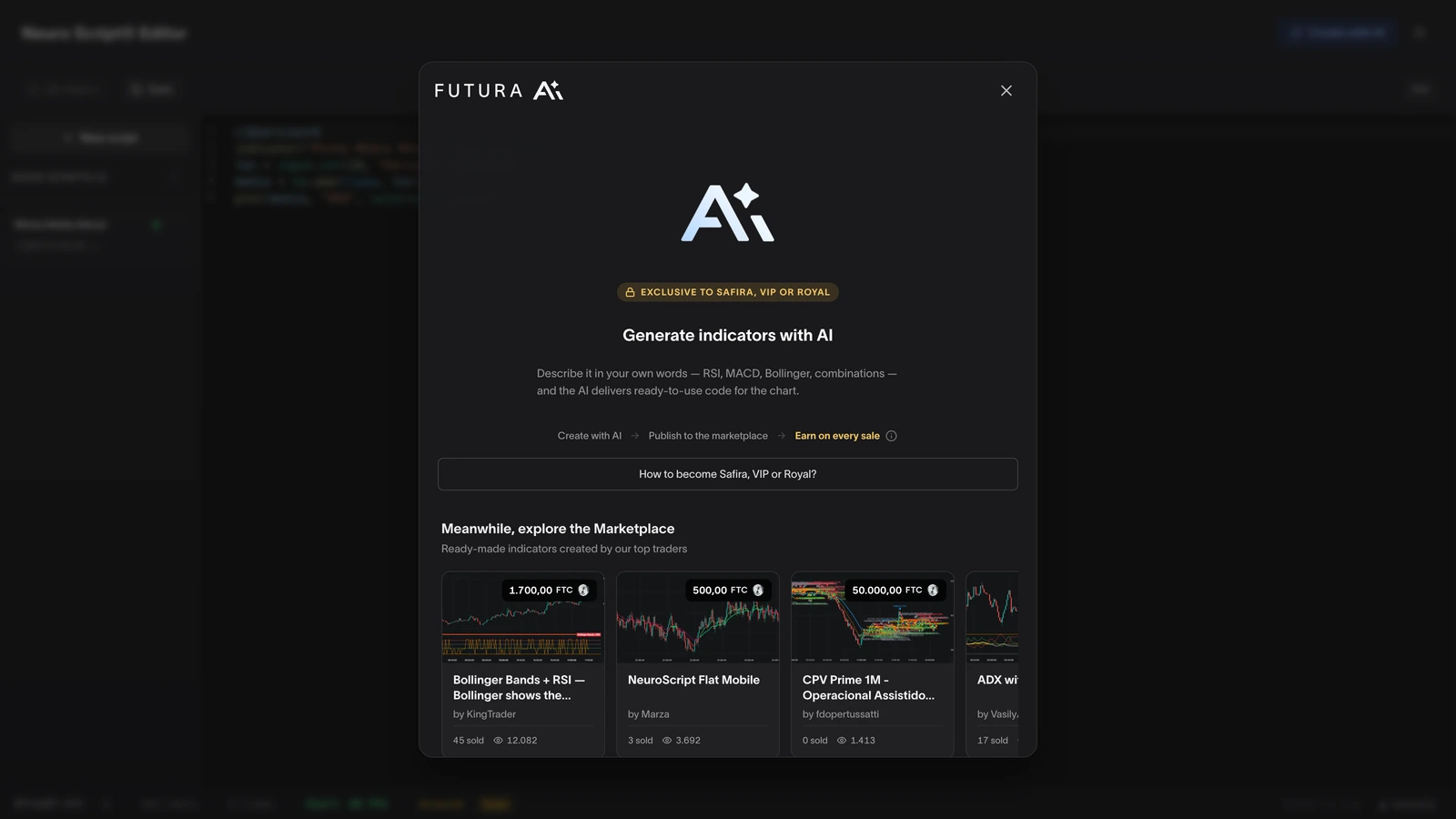 Create with AI modal (FUTURA AI): describe the indicator in plain language and the AI delivers ready-made code, with marketplace examples
