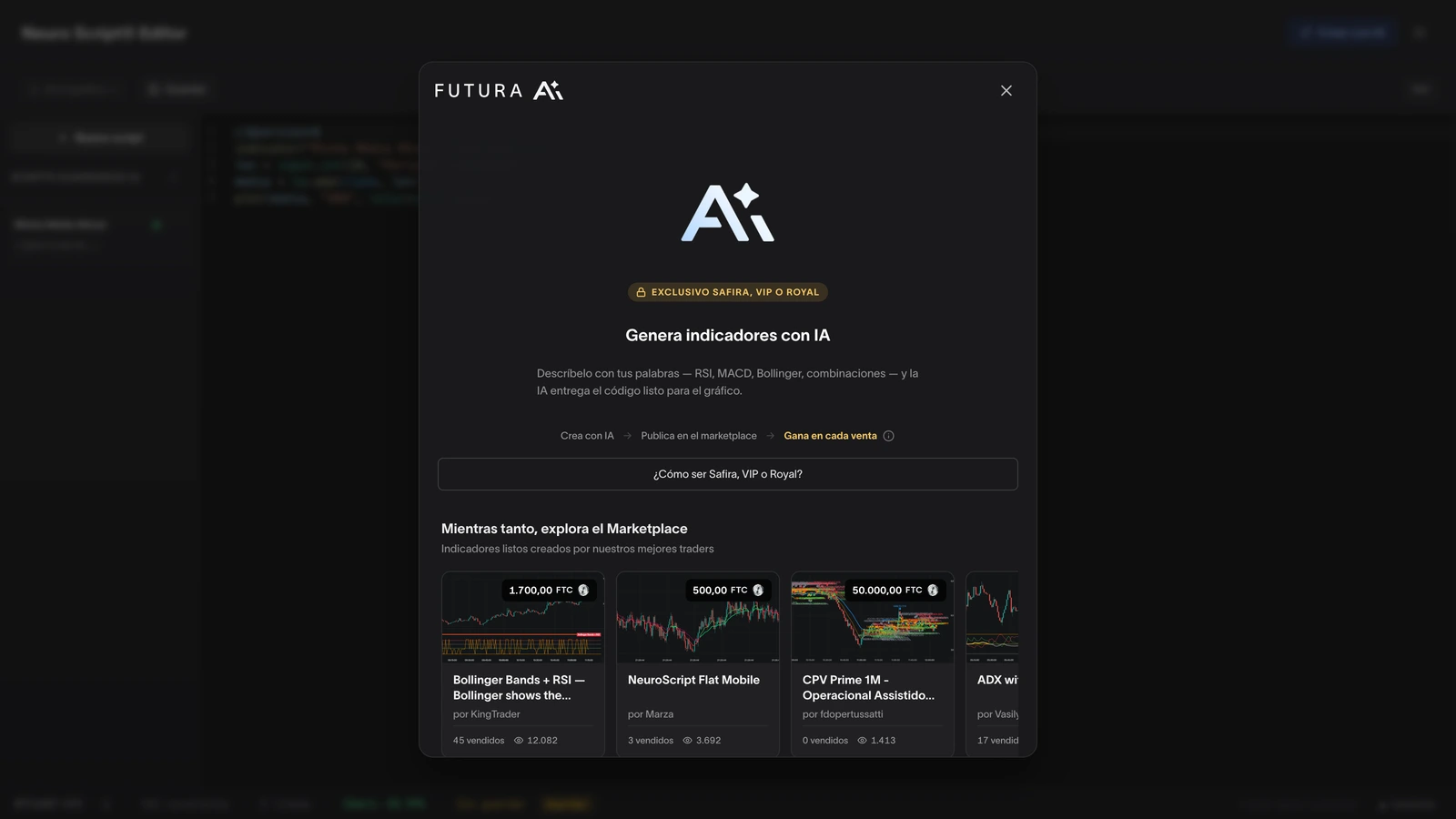Modal Crear con IA (FUTURA AI): describes el indicador en lenguaje simple y la IA entrega el código listo, con ejemplos del marketplace