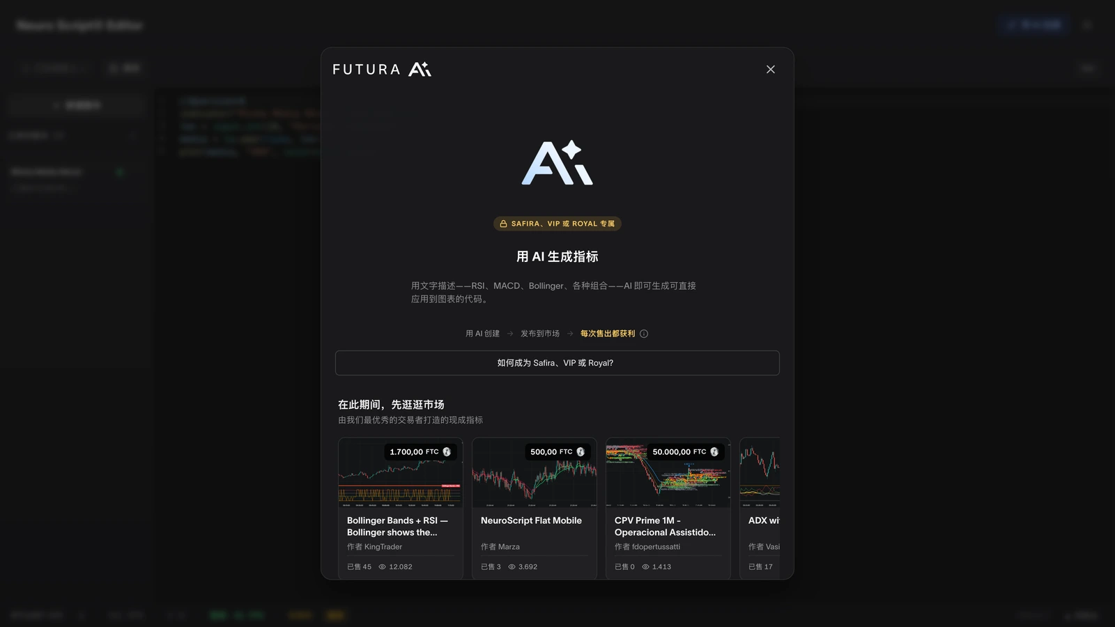 “用 AI 创建”弹窗(FUTURA AI):用日常语言描述指标,AI 即可生成现成代码,并附有市场示例