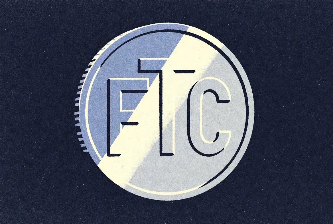 Ilustração editorial em azul duotone de uma moeda circular centralizada com a sigla FTC em relevo, representando a moeda interna Futuracoins da Futura Broker