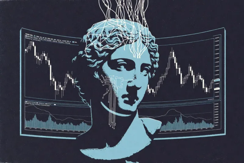 Ilustração editorial em azul duotone de busto clássico com padrões de circuito no rosto e filamentos neurais emergindo do crânio, em frente a telas exibindo gráficos de candlesticks de trading