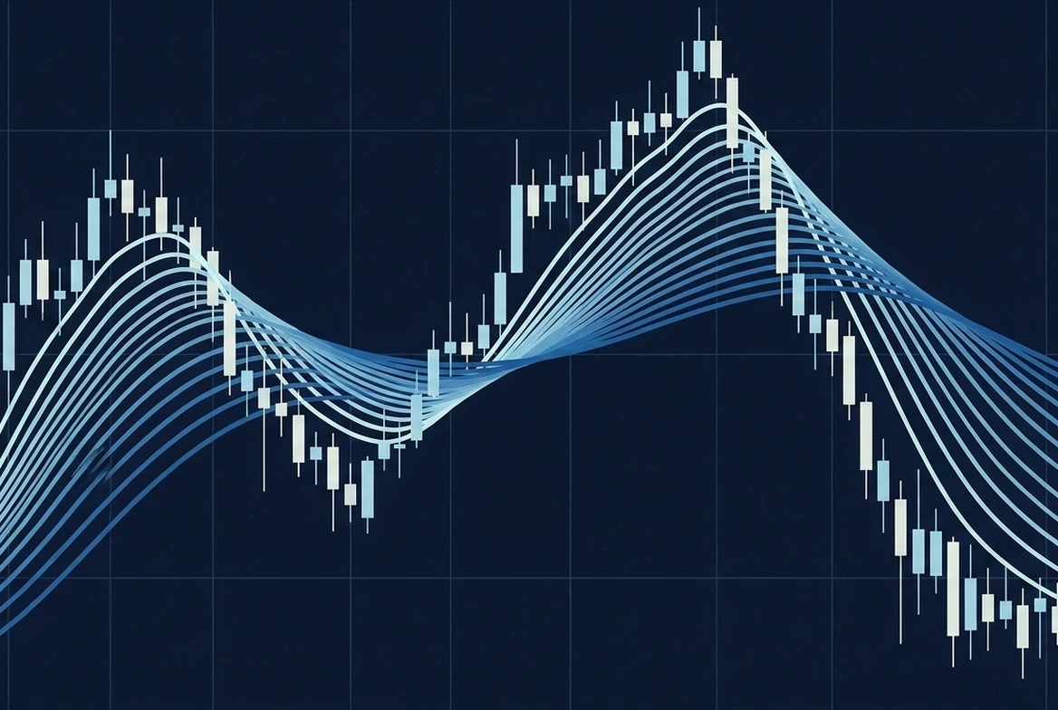 Gráfico de candles da Futura Broker com vários indicadores técnicos aplicados — médias móveis em leque, zonas de Order Blocks e histograma de momentum
